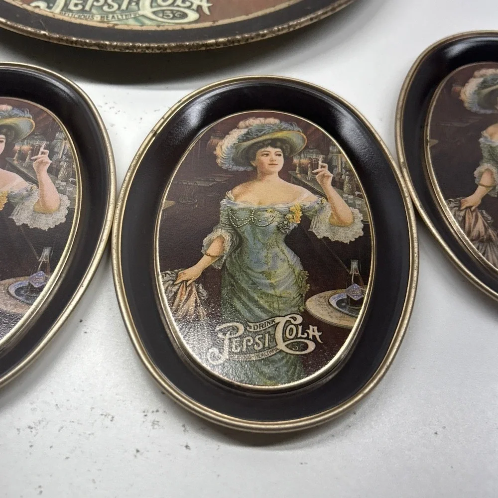 Vintage‎ Pepsi-Cola Advertising Tray Set 1 Large 4 Small Soda Collectible